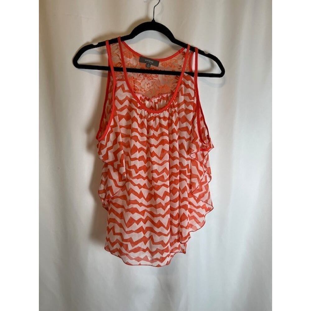 Umgee Ladies Top Blouse Orange/White Pattern Sz Small Sheer Lightweight